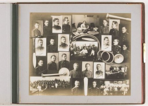 Composition of 26 photographs of persons at the Imperial Military Medical Academy, combined with decoration of medical instruments