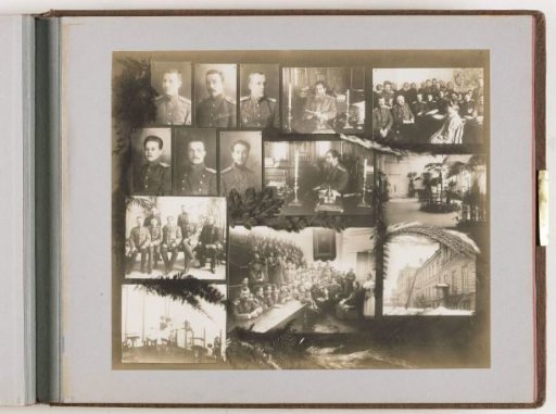 Composition of fourteen photographs of persons and the building of the Imperial Military Medical Academy, combined with decoration of dried branches