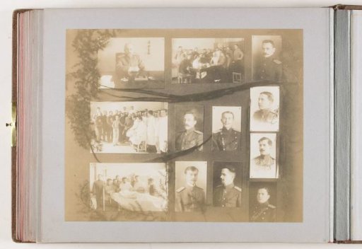Composition of twelve photographs of persons and education at the Imperial Military Medical Academy, combined with decoration of dried branches