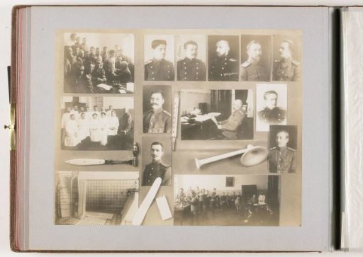 Composition of fourteen photographs of persons and education at the Imperial Military-Medical Academy, combined with decoration of medical instruments