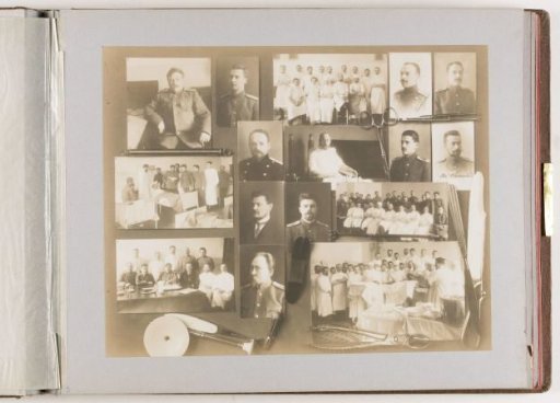Composition of sixteen photographs of persons and education at the Imperial Military-Medical Academy, combined with decoration of medical instruments