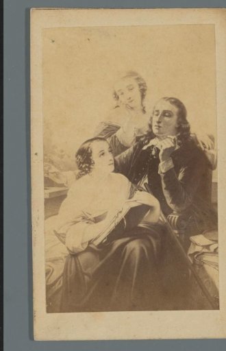 Photographic reproduction of a drawing of a portrait of an unknown man and two unknown women, one of whom is holding a book