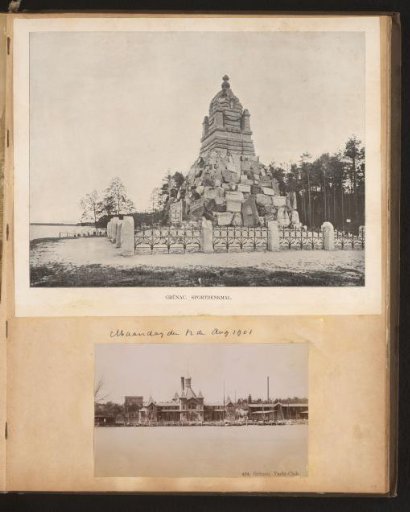 Monument in Grünau and a view of the hunting club in Grünau
