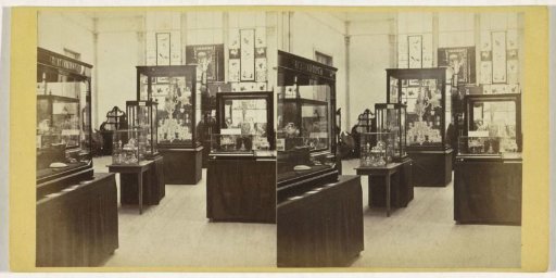 Objects in display cases at the Exhibition of National Industry and Art in the Paleis voor Volksvlijt, Amsterdam