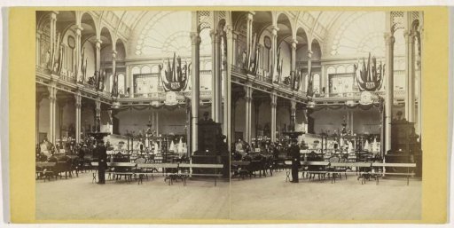 Hall with exhibited objects at the Exhibition of National Industry in the Paleis voor Volksvlijt, Amsterdam