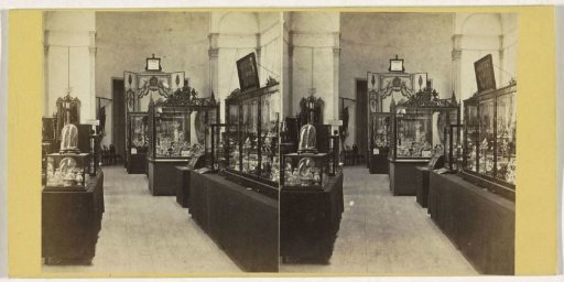 Display cases with objects at the Exhibition of National Industry and Art in the Paleis voor Volksvlijt, Amsterdam