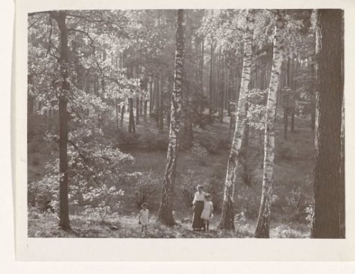 Olga, Marba and Eckart Titzenthaler, wife and children of the photographer, standing in a forest