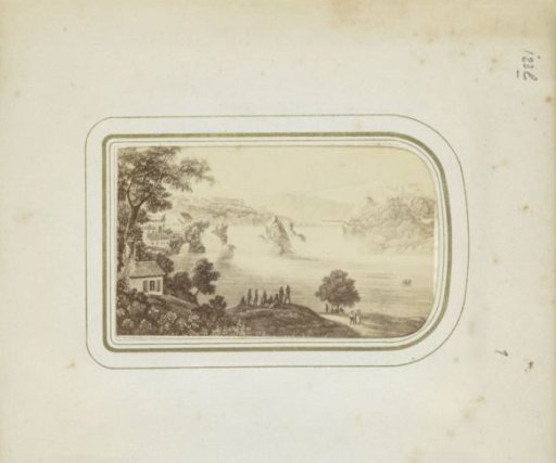 Photographic reproduction of a print with a view of the waterfalls of Schaffhausen