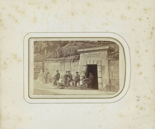 Photographic reproduction of a print of a miniature train at the salt mine in the Ferdinand Berg in Berchtesgaden
