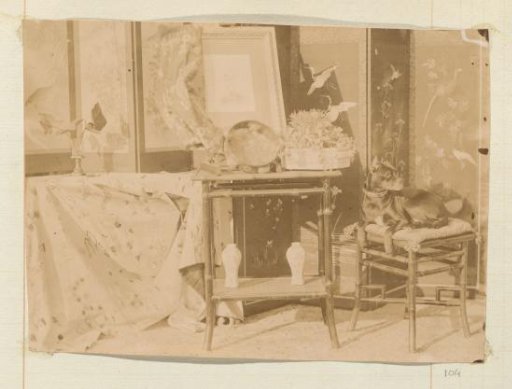 Room interior with vases, table, room screens and a dog on a stool