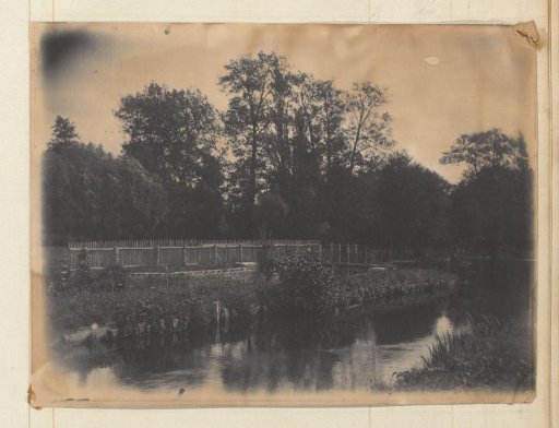 River landscape with trees, banks and wooden fence