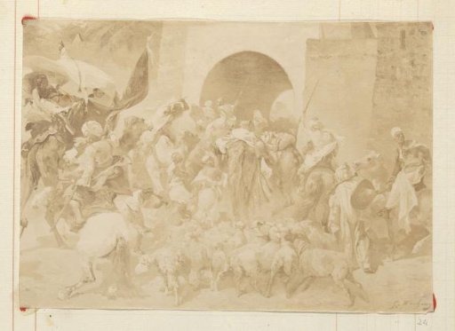 Photographic reproduction of (presumably) a painting by Georges Washington, depicting an Oriental scene at a city gate