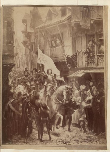Photographic reproduction (probably) of a print after a painting by Jean-Jacques Scherrer, depicting the return of Joan of Arc to Orléans