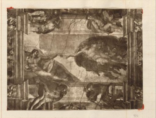 Photographic reproduction (presumably) of an engraving after a fresco by Michelangelo in the Sistine Chapel depicting the Creation of Adam