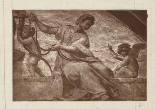 Photographic reproduction (presumably) of an engraving after a fresco by Michelangelo on the ceiling of the Sistine Chapel