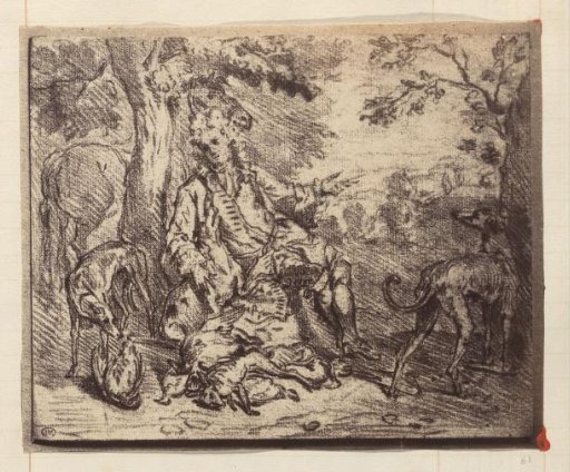 Photographic reproduction of a drawing of a resting hunter with his dogs