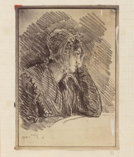 Photographic reproduction of a drawing of a woman with a cap, seated at a table