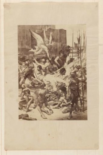 Photographic reproduction of (presumably) a drawing by P. Lehoux, depicting the martyrdom of Saint Lawrence of Rome