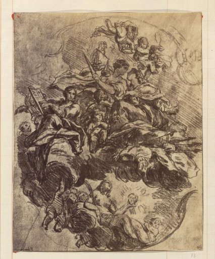 Photographic reproduction of a drawing depicting the personification of Justice and others in a heavenly setting