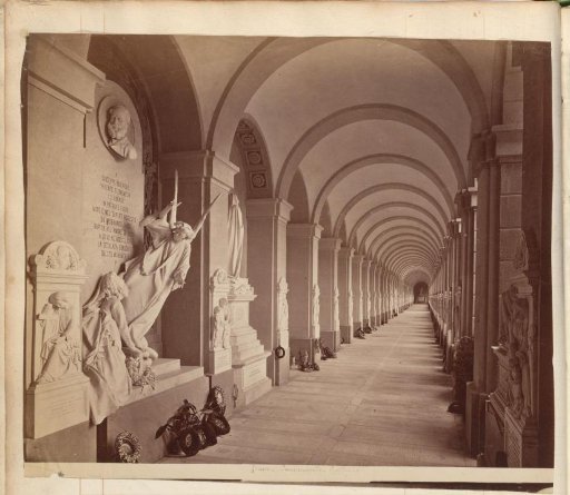 Sculpture gallery with wreaths on the Staglieno cemetery in Genoa