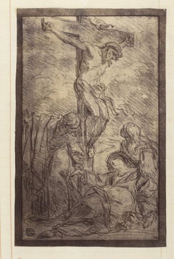 Photographic reproduction of (presumably) a drawing depicting Christ on the cross, John and Mary