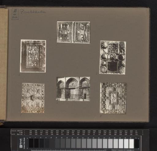 Five images of medieval bookbindings and a view of an entrance to Chartres Cathedral