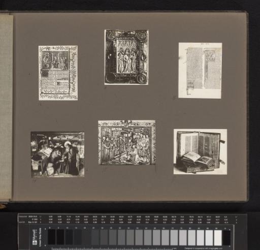 Three Pages from Medieval Books, a Bookbinding, Open Books, and a Photographic Reproduction of a Painting of Jerome and the Lion