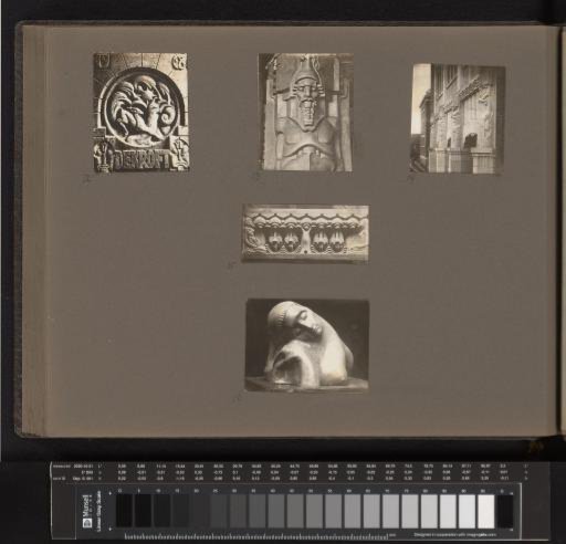 Four reliefs and a sculpture of a woman's head
