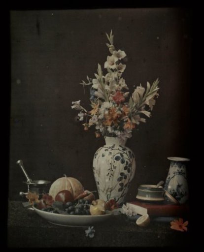 Still life with flowers, fruit, and vases