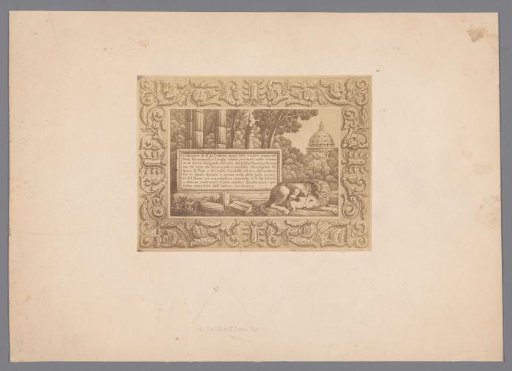 Photographic reproduction of an etched announcement for the publication of 24 etched views of famous monuments and places in and near Rome by Vincenzo Vecchi