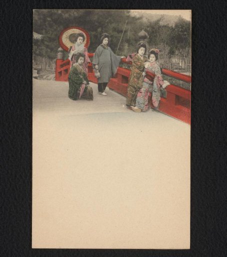 Group of five unknown Japanese women on a bridge