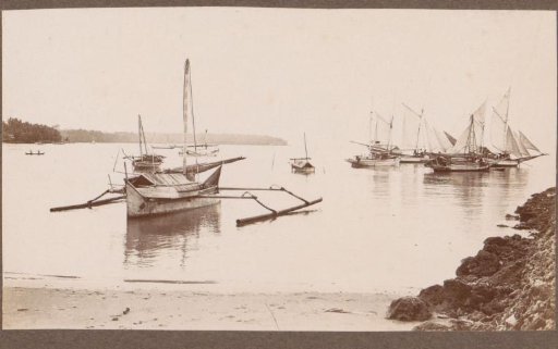 Sailing Ships Including a Catamaran at Anchor Off the Coast of the Dutch East Indies