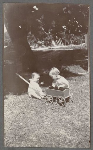 Klaas and Tiny Kleiterp playing with a cart on a grassy field in the Dutch East Indies