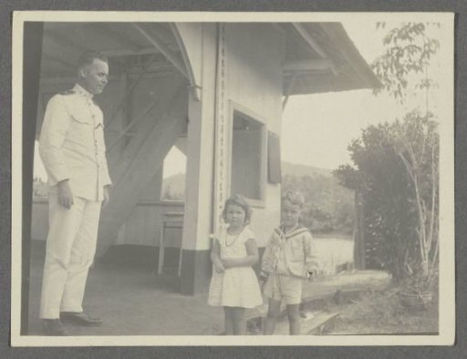 Klaas Kleiterp and his children Tiny and Klaas at a house in Monterado, Borneo