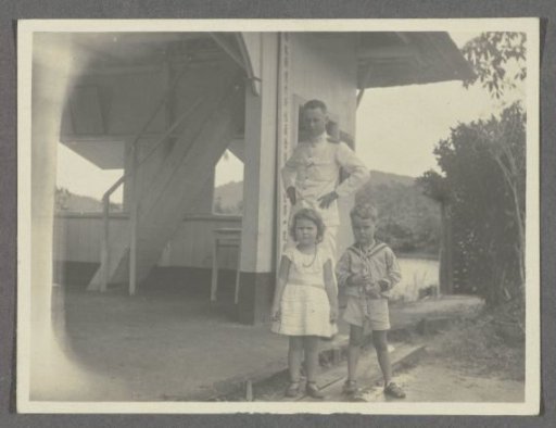 Klaas Kleiterp and his children Tiny and Klaas at a house in Monterado, Borneo