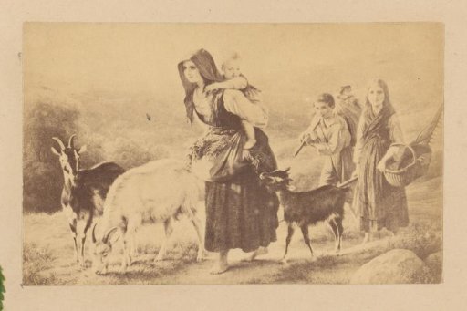 Photographic reproduction of a painting of a traveling family with three goats
