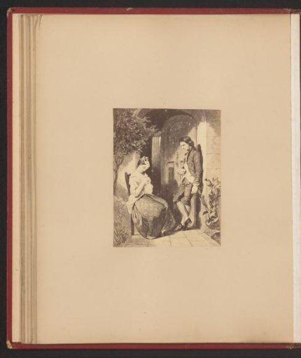 Photographic reproduction of a print with a man and woman at the door of a house