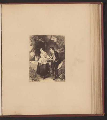 Photographic reproduction of a print with a man and woman at a well