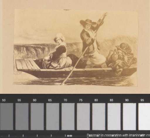Photographic reproduction of a painting with a picnic on a rowing boat