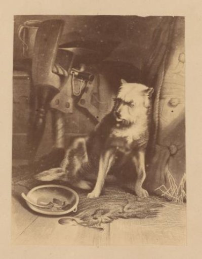 Photographic reproduction of a print with a dog on a rug beside a plate with gnawed bones