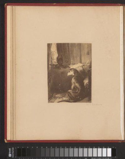 Photographic reproduction of an engraving of a dog in an interior with a desk, after a painting by Edwin Henry Landseer