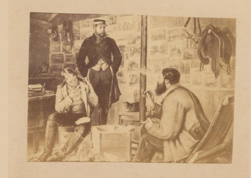 Photographic reproduction of a painting of an interior with three men smoking pipes