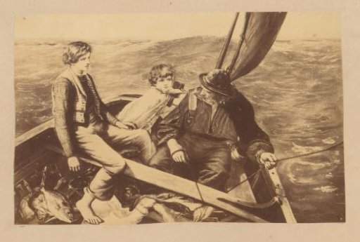 Photographic reproduction of three men on a boat at sea