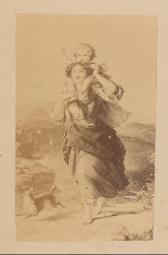 Photographic reproduction of a painting with a running woman carrying a child on her shoulders
