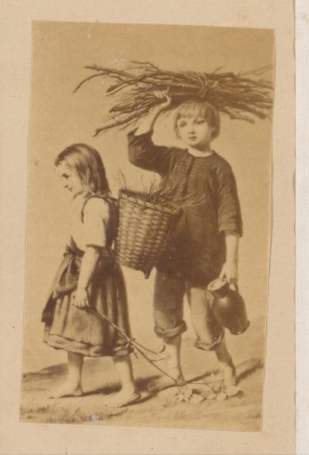 Photographic reproduction of a painting with two children gathering wood