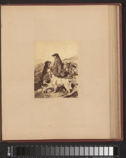 Photographic reproduction of a painting with a Scottish hunter with two hunting dogs and his game