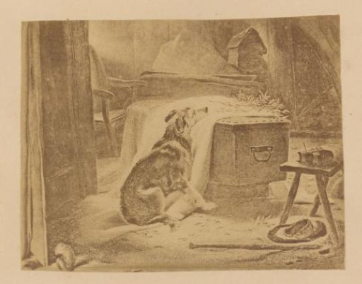 Photographic reproduction of a print depicting a dog watching over its master's coffin