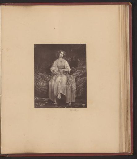 Photographic reproduction of a painting depicting Ophelia on a tree stump above the water