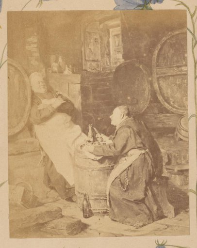 Photographic reproduction of a painting depicting two monks drinking wine in a wine cellar among the barrels after Eduard Grützner