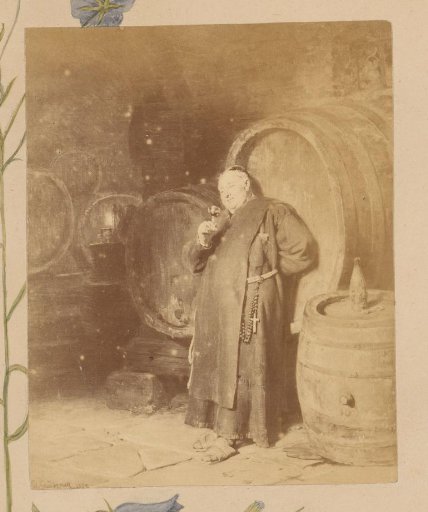 Photographic reproduction of a painting depicting a monk drinking wine in a wine cellar after Eduard Grützner
